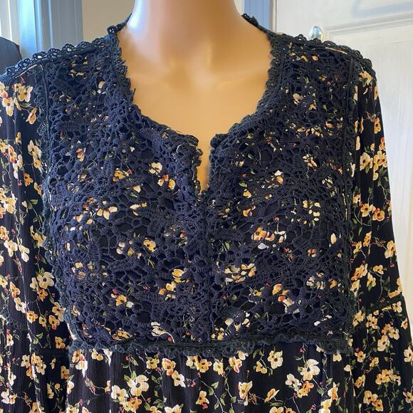 Suzanne Betro Weekend Floral Top Blouse 1X Black Yellow Floral Lace Coastal Boho - Picture 5 of 8